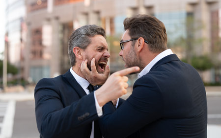 two businessmen have business conflict and blaming each other outdoor. fighting businessmen