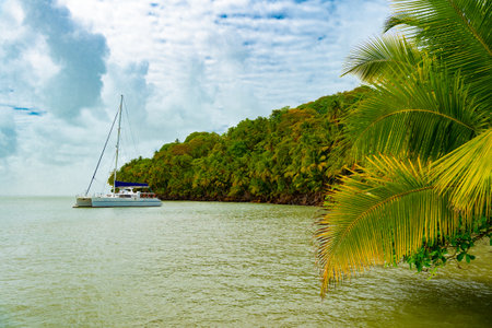 paradise landscape with yacht in daylight, copy space. paradise landscape with yachtの写真素材
