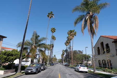 Long Beach, California USA - April 01, 2021: suburban neighborhood with parked cars on the roadのeditorial素材