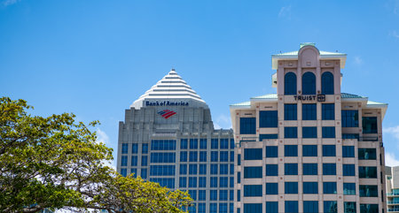 Miami, Florida USA - March 25, 2023: skyscraper building of bank of america and truist
