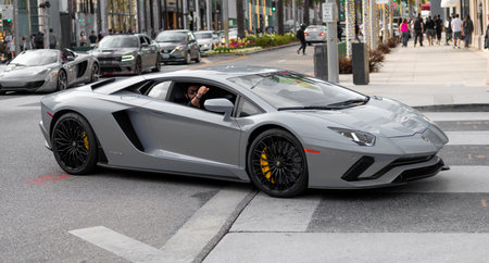 Los Angeles, California USA - April 11, 2021: blue Lamborghini Aventador side view.のeditorial素材