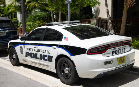Miami, Florida USA - March 25, 2023: Dodge Charger police emergency car in miami fort lauderdale, corner viewのeditorial素材