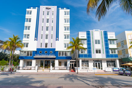 Miami, Florida USA - April 18, 2021: Miami south beach ocean drive park cental hotel n miami street.のeditorial素材