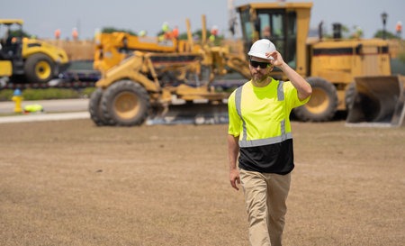 construction inspector man, copy space. construction inspector man at building site. construction...
