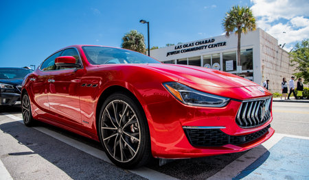 Miami, Florida USA - March 25, 2023: red 2016 Maserati Ghibli S Q4 parcked car vehicel, low angle viewのeditorial素材