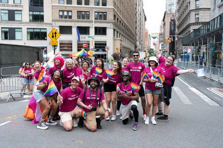 NEW YORK, NY, US - June 25, 2023: Pride march parade 2023 in New York. man gay with pride rainbow lgbtq flag peace. lgnt and lgbtq parade.のeditorial素材