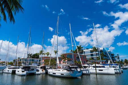 Miami, Florida USA - March 25, 2023: lauderdale canal summer harbor with sailing yachtsのeditorial素材