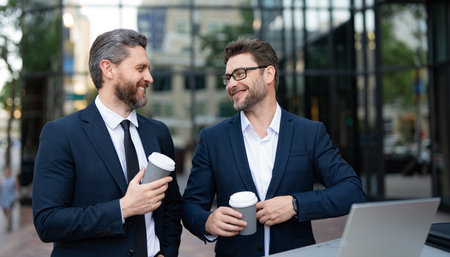 photo of smiling trader men freelancing online having coffee. two trader men freelancing online.の写真素材