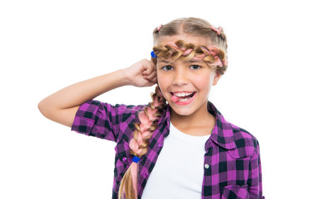 hair braid hairstyle. happy teen girl showing hair braiding. teen girl has braided hair. Beautiful...