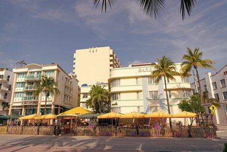Miami, USA - April 18, 2021: Exterior of The Fritz and Barbizon Art Deco hotel buildingsのeditorial素材