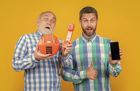 photo of men with telephone nostalgia, copy space. men with telephone nostalgia