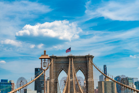 urban bridge architecture. cityscape of brooklyn bridge in manhattan. brooklyn bridge in new york. landmark view on brooklyn. american architecture of historic bridge in brooklynの写真素材