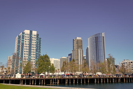 San Diego, USA - March 28, 2021: Skyline view of modern skyscrapers buildings seen from waterfrontのeditorial素材