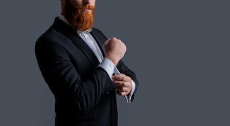 cropped view of bearded gentleman in tuxedo isolated on grey background. gentleman