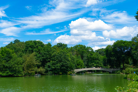 New York, USA - July 22, 2023: central park in new york city with nature landscape of pond and building of manhattanのeditorial素材