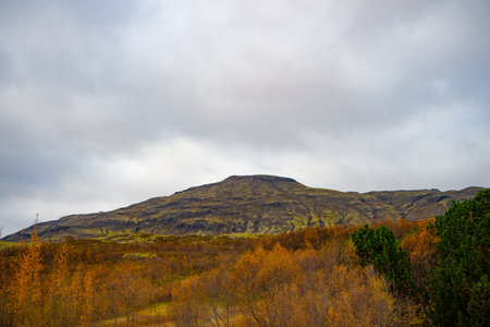 nature of iceland. fall nature season. autumn landscape of mountain in nature. ridge of mountain. autumn mountain landscapeの写真素材