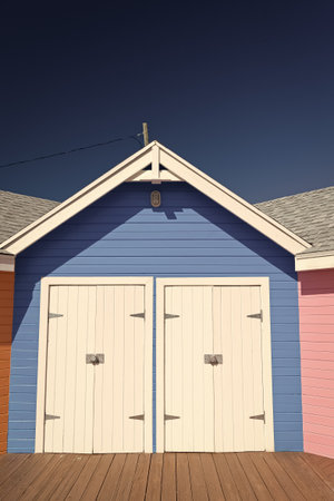 blue beach hut building in summer. photo of beach hut in summer. beach hut in summer vacation. beach...