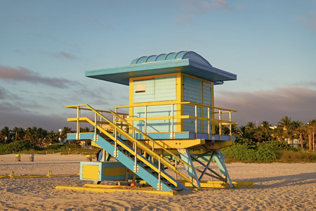 photo of bright lifeguard at miami beach. lifeguard at miami beach. lifeguard at miami beach in summer. lifeguard at miami beach vacation.の写真素材
