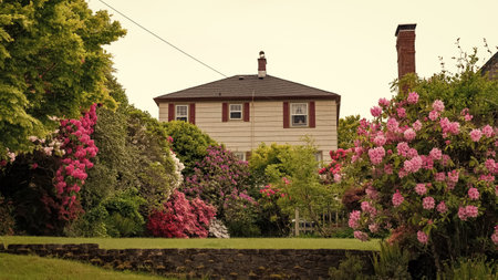 suburban cottage house in flowering neighborhood. suburban cottage house property. photo of suburban...