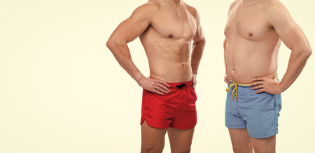 before fat after slim compare of men in studio banner. cropped view of men with before fat after slim compare. photo of before fat after slim compare. before fat after slim compare of menの写真素材