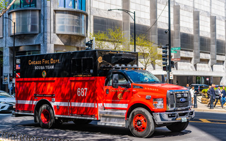 Chicago, USA - April 27, 2023: Fire Department truck on the road side view