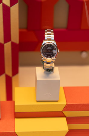 New York City, USA - August 05, 2023: Rolex Datejust luxurious swiss watch accessory in storeのeditorial素材