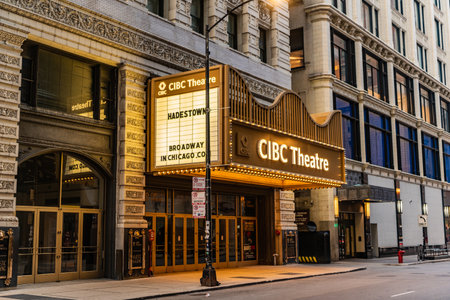 Chicago, USA - April 28, 2023: Performing arts CIBC theatre light sign entrance at downtownのeditorial素材