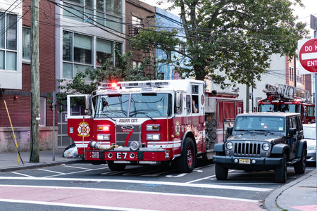 Jersey City, USA - June 30, 2023: Front view of a Fire Department firetruck truck