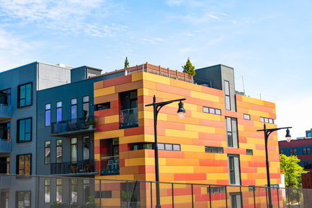 modern architectural building in residential area. real estate. residential property building. urban architecture. residential building architecture. residential house building with balconyの写真素材