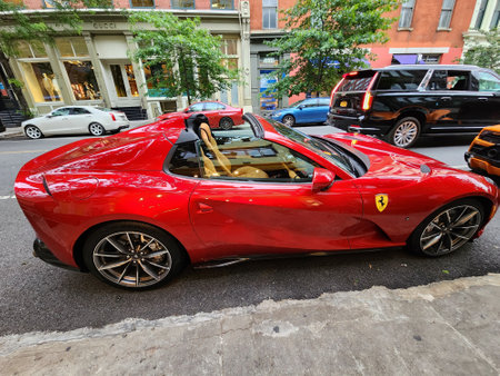 New York City, USA - June 03, 2023: Ferrari 812 GTS Superfast convertible red parked passenger side view, parkedのeditorial素材