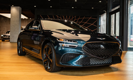 New York City, USA - August 06, 2023: Genesis G80 Hyundai electric black car front and driver side...