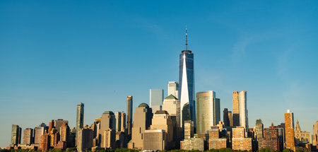 panorama of new york city. skyscraper building of nyc. ny urban city architecture. midtown manhattan and hudson. metropolitan city cityscape. new york downtown. manhattan skyline in sunsetの写真素材