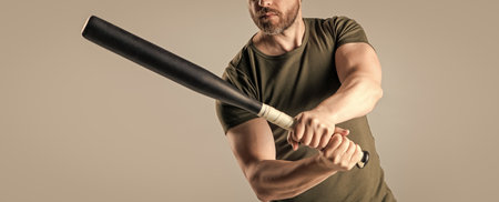 cropped view of angry man express anger with bat isolated on grey background.