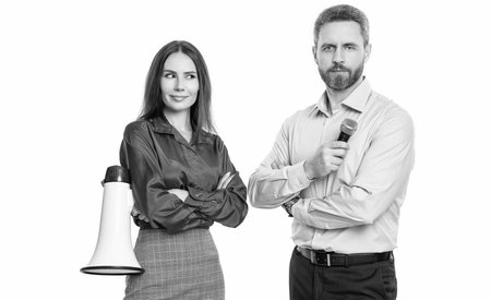 photo of businesspeople with loudspeaker and microphone. businesspeople with loudspeakerの写真素材