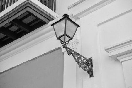 streetlamp lantern outside. photo of streetlamp lantern on building. streetlamp lantern on wall.の写真素材