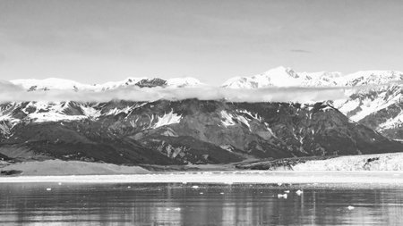 Glacier bay nature beauty. Mountain range with snowy peaks. Mountain coast natural landscapeの写真素材