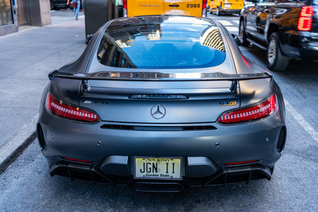 New York City, USA - August 09, 2023: Mercedes Benz AMG GT 2018 sport car, back viewのeditorial素材