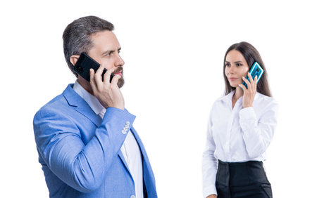 Business negotiation call. Phone call to colleague. Businesspeople talking on phone isolated on...