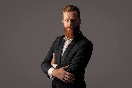 tuxedo male fashion. handsome bearded gentleman in tuxedo isolated on grey background.の写真素材