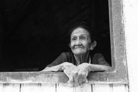 Boca de Valeria, Amazon river Brazil - December 03, 2015: old senior woman in povetry, copy space