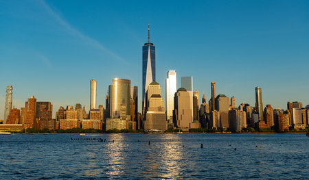 panorama of new york city of america. skyscraper building of nyc. ny city architecture. midtown manhattan at hudson. metropolitan city. cityscape in sunrise. new york downtown. manhattan skylineの写真素材