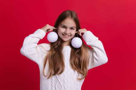 Christmas decoration. Merry Christmas. Happy Ney Year. Xmas holiday celebration. Teen girl at New Year eve. December holiday party for teen girl with decoration. Xmas mood. Holidays preparationsの写真素材