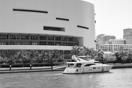 Miami, Florida USA - April 15, 2021: luxury yacht boat in summer at buildingのeditorial素材
