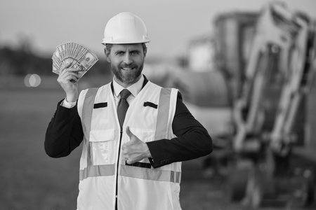 inspector man with money budget outdoor, thumb up. inspector man with money budget