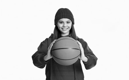 photo of happy teen girl having basketball ball. teen girl basketball player. teen girl plays...