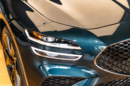 New York City, USA - August 05, 2023: 2023 Genesis G70 sedan car highlight, closeup view