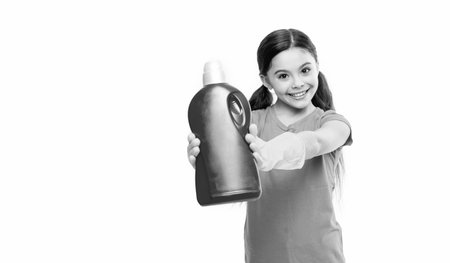 girl cleaner with detergent in studio, selective focus. girl cleaner with detergent on background. photo of girl cleaner with detergent. girl cleaner with detergent isolated on white.の写真素材
