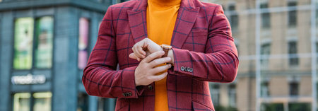 cropped photo of punctual man check time on watch. punctual man in jacket check time outdoor....