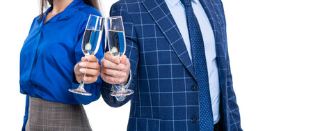 Business partner attending event at convention center. Celebrating their victory. Businesspeople drinking champagne socializing. Businesspeople making toast celebrating office party. Cropped view.の写真素材