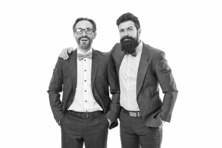 aesthetic development. business meeting. team success. partnership of boss men isolated on white. collaboration and teamwork. bearded businessmen in formal suit. mature men have own business.の写真素材